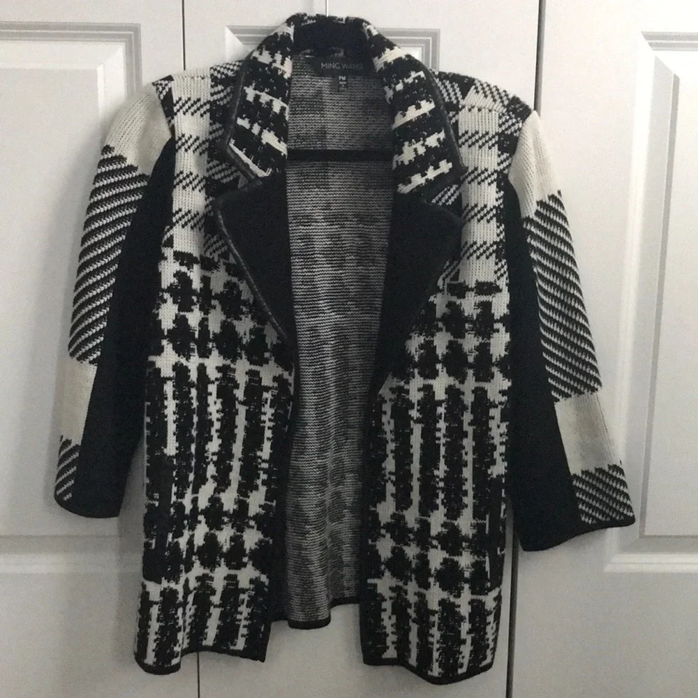 Ming Wang Women’s Petite M Structured Sweater Jacket, Faux Leather - Picture 1 of 5